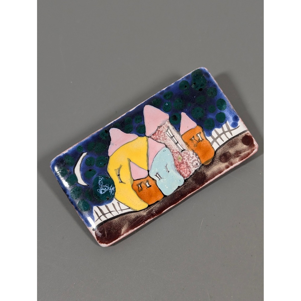 Vintage Hand Painted Ceramic Village Houses Night Scene Tile Brooch Moon